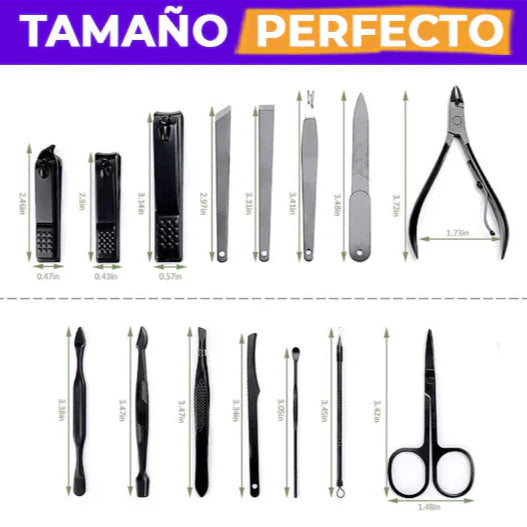 Kit de Manicura y Pedicura de 16 Piezas con Estuche. Equipo Profesional