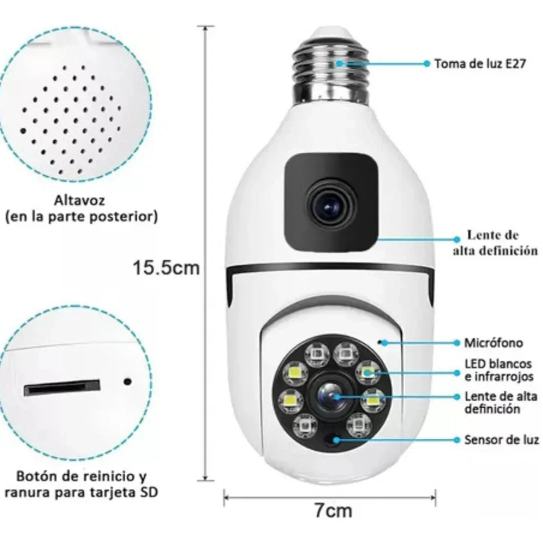 Cámara de Seguridad Doble 360° | Bombilla Vigilante Wifi